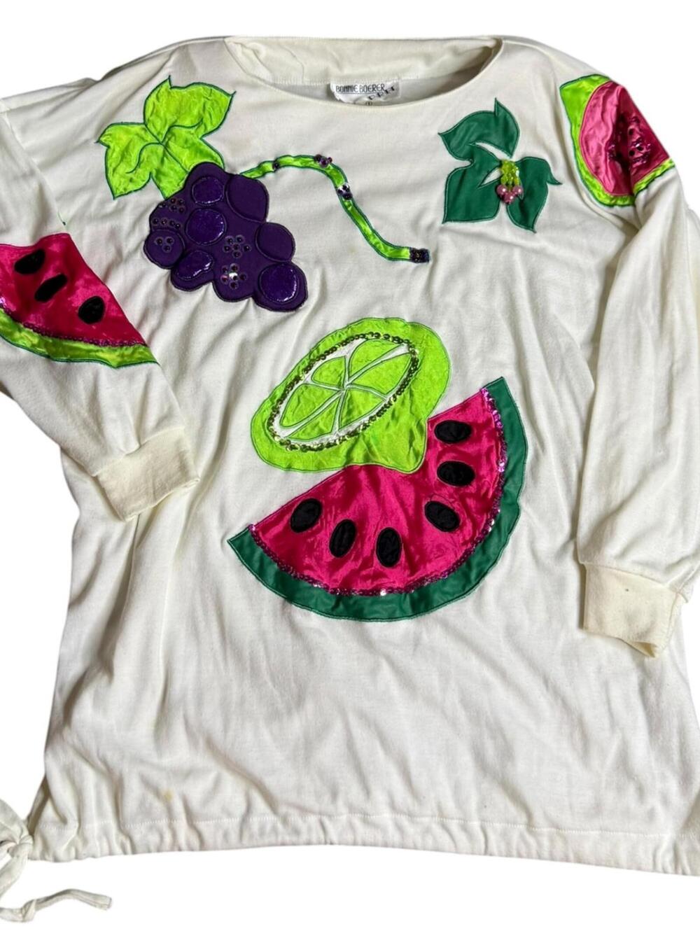 Bonnie Boerer Fruit blouse Watermelon Grape Lime Sweater 80s Vintage S
